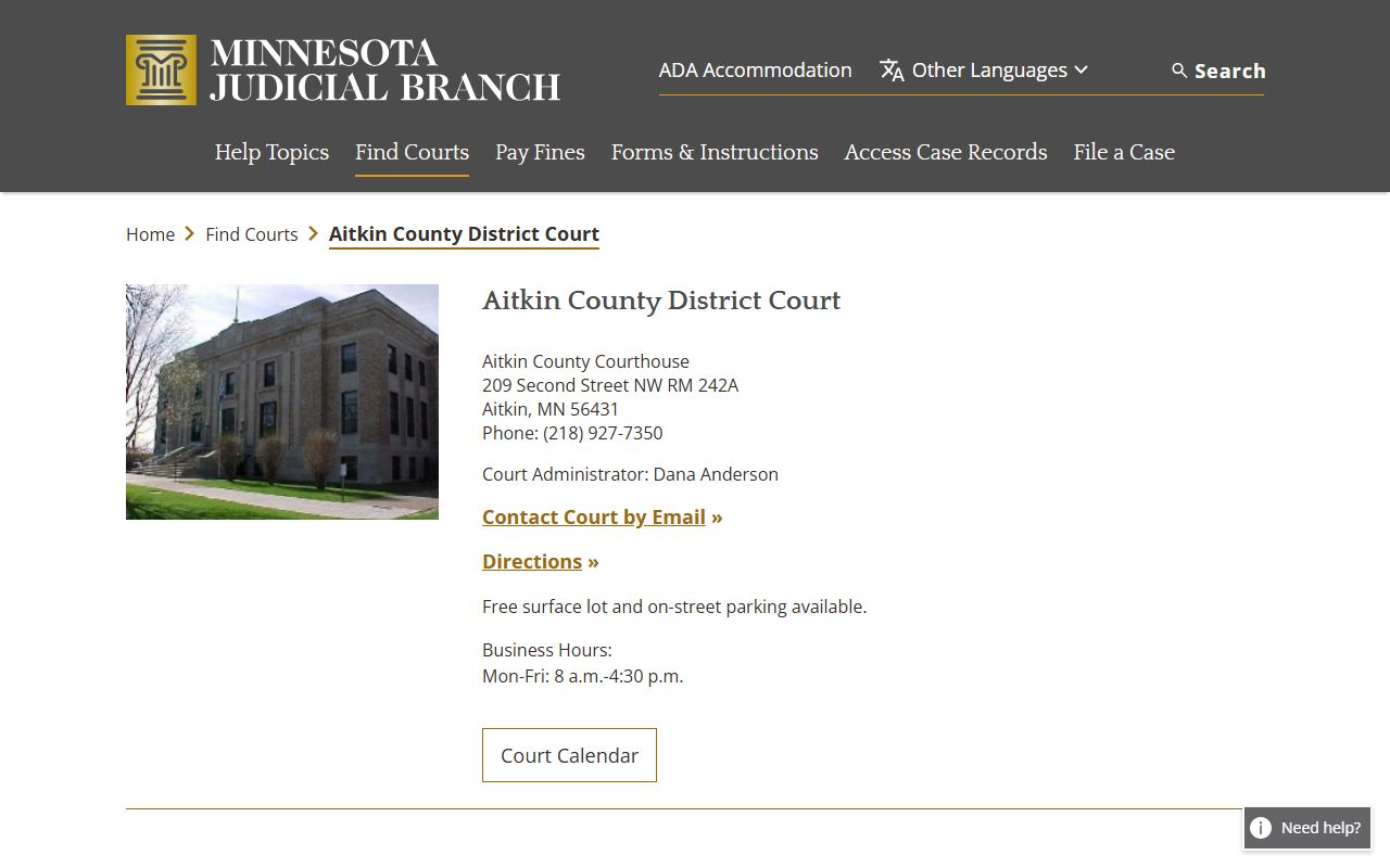 Aitkin County court docket records - district court information page
