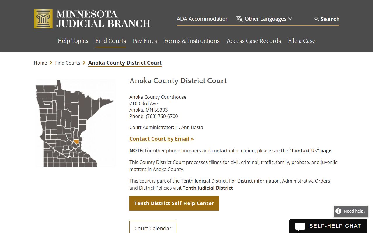 Anoka County court docket records - district court directory page