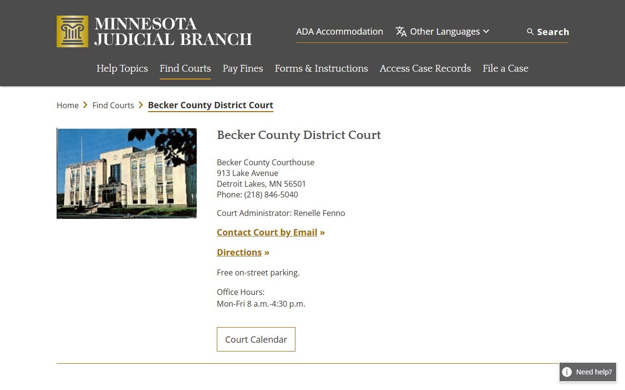 Becker County court docket records - district court directory page