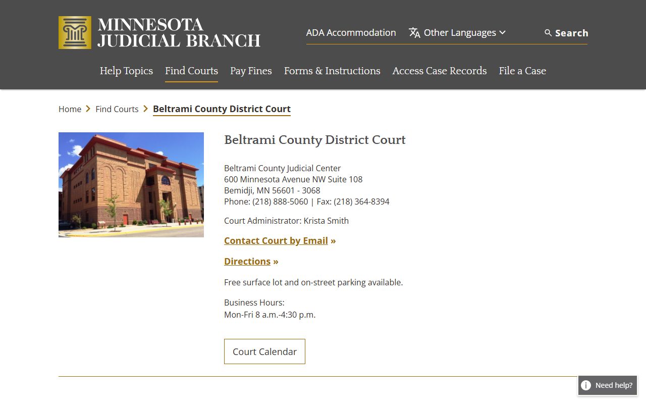 Beltrami County court docket records - district court directory page