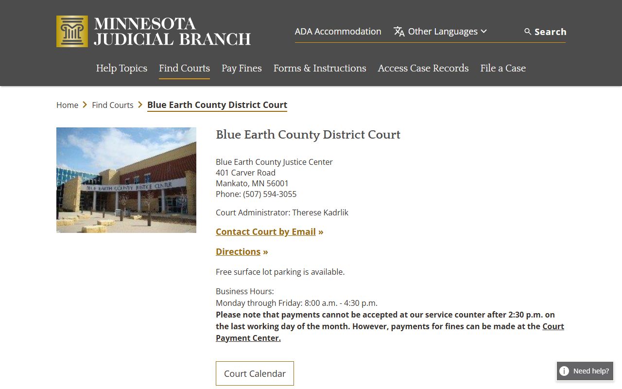 Blue Earth County court docket records - district court directory page
