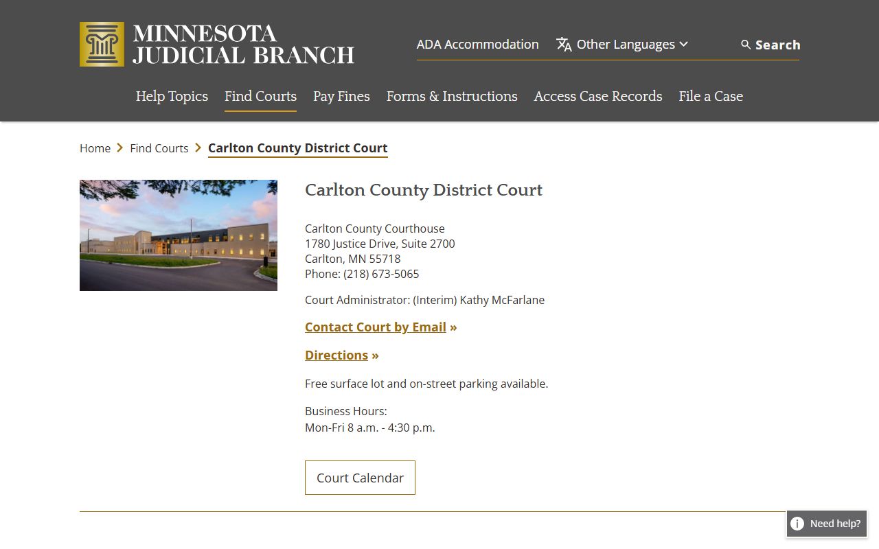 Carlton County court docket records - district court directory listing