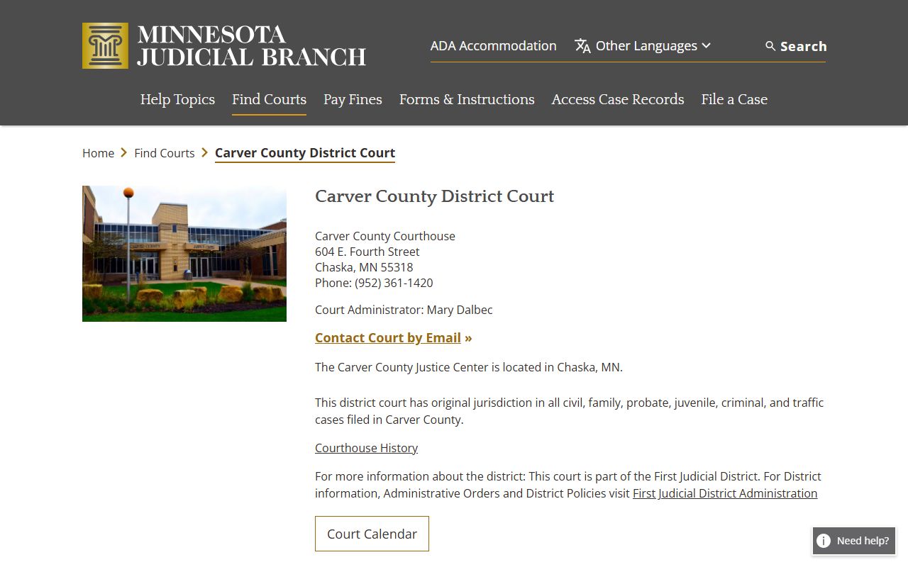 Carver County court docket records - Justice Center district court page
