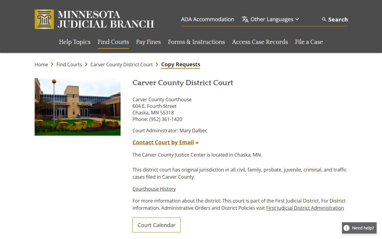 Carver County court docket records - copy requests fee page