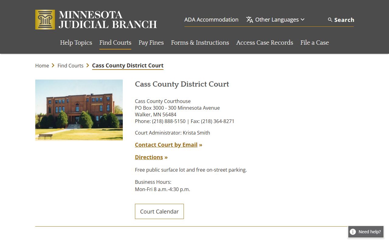 Cass County District Court listing on the Minnesota Courts website