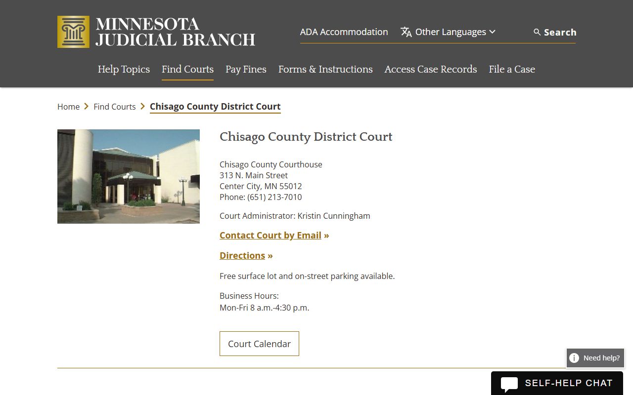 Chisago County court docket records - district court directory page