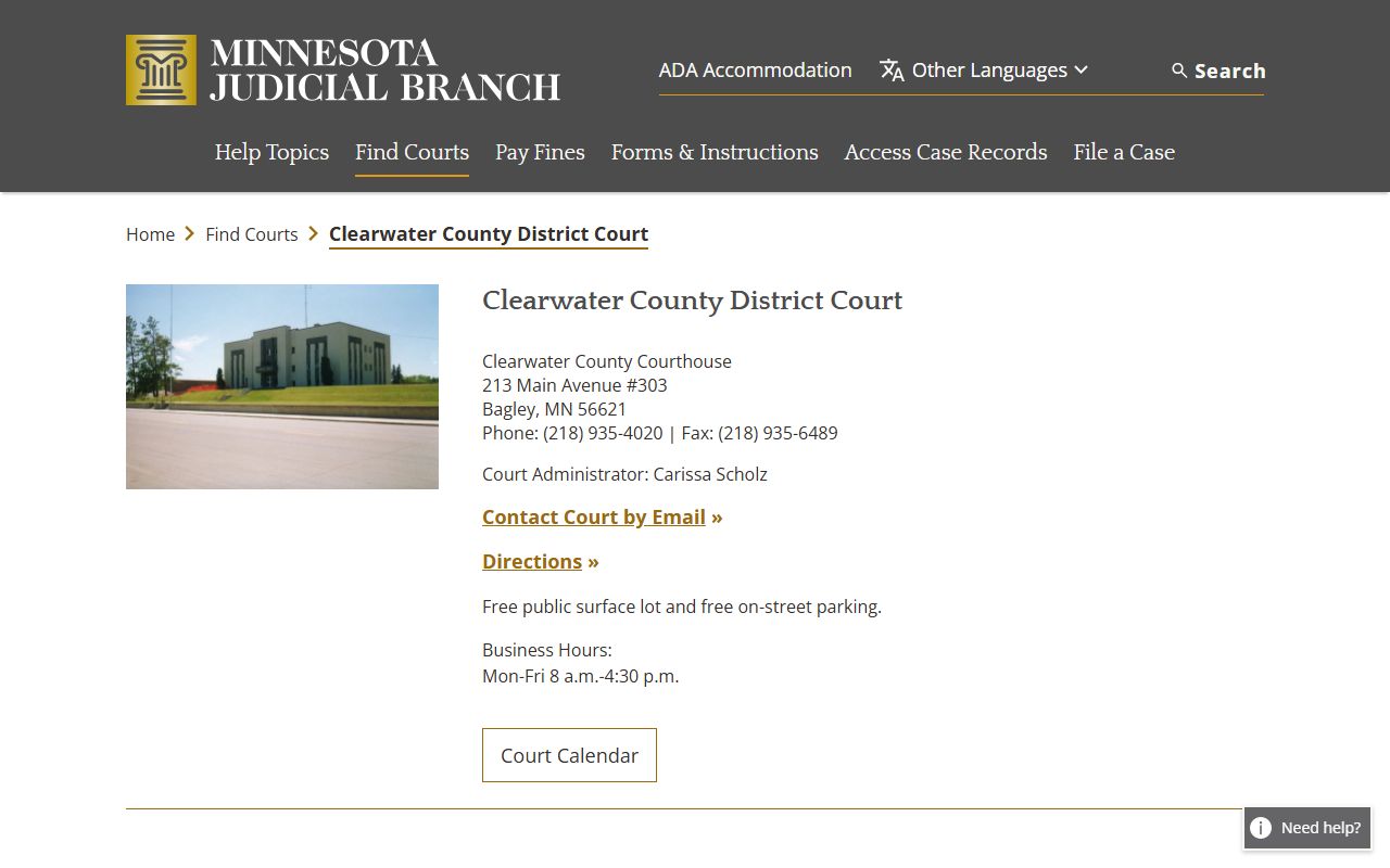 Clearwater County court docket records - Minnesota district court page