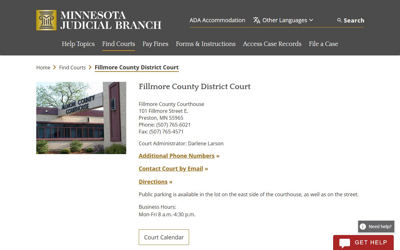 Fillmore County court docket records - Minnesota Judicial Branch district court page
