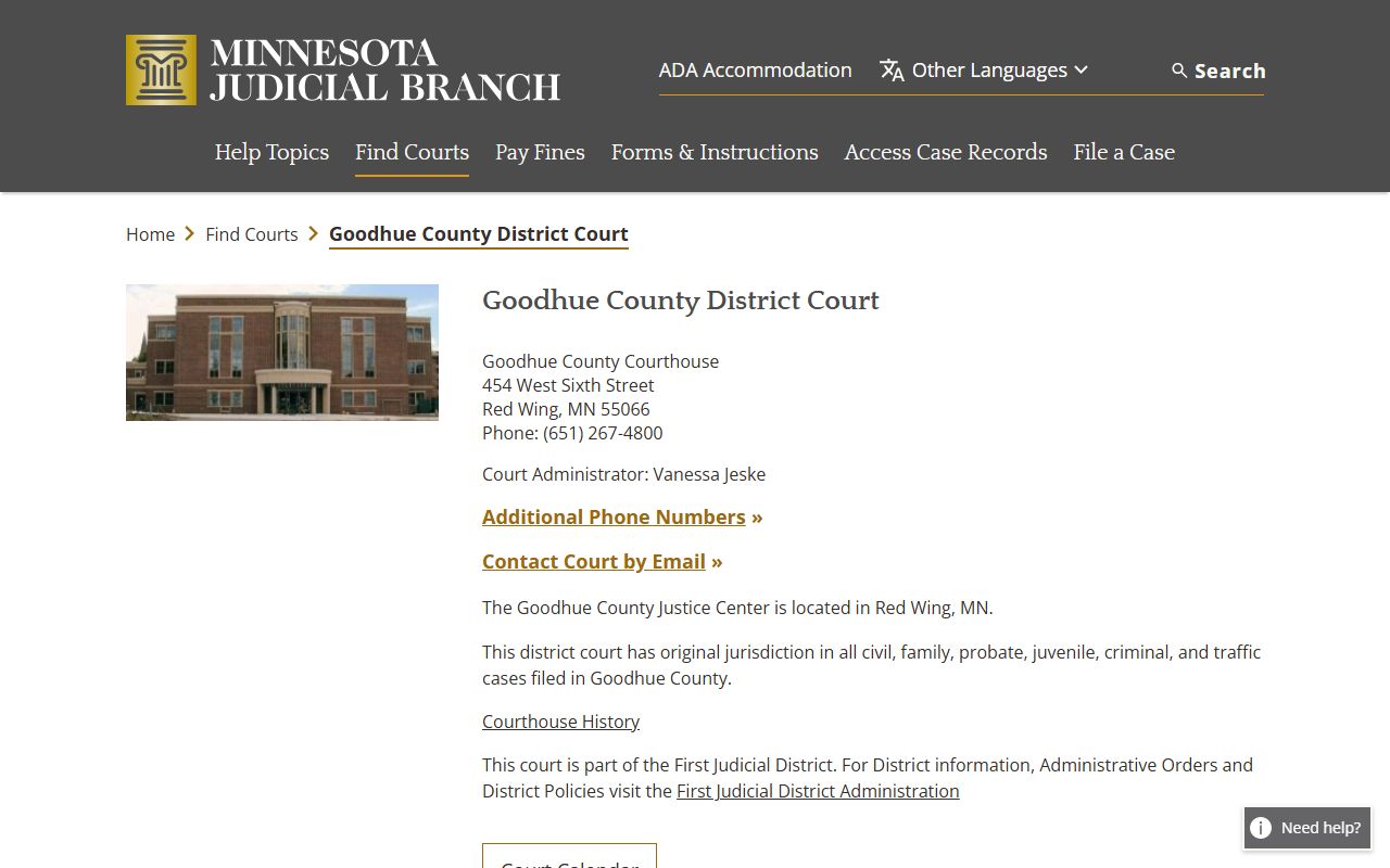 Goodhue County court docket records - Minnesota Judicial Branch page for Red Wing