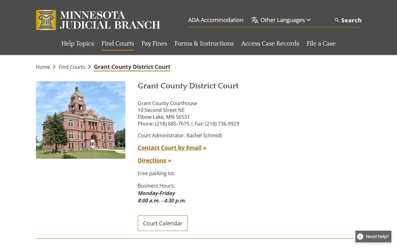 Grant County court docket records page on Minnesota Judicial Branch website