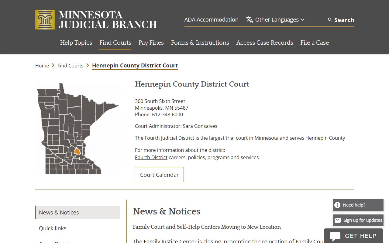 Hennepin County court page on Minnesota Judicial Branch website