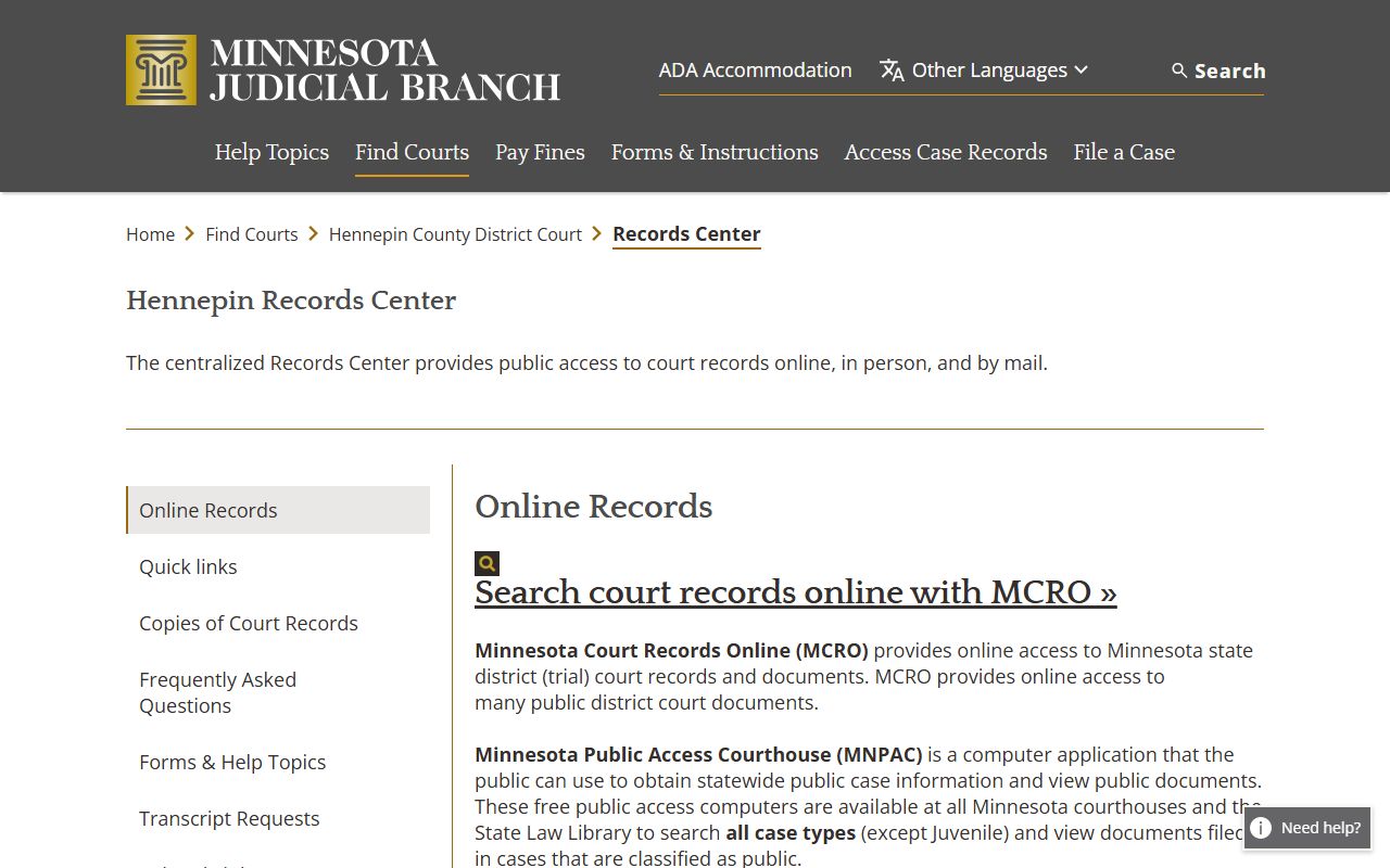 Hennepin County Records Center information page on Minnesota Judicial Branch website