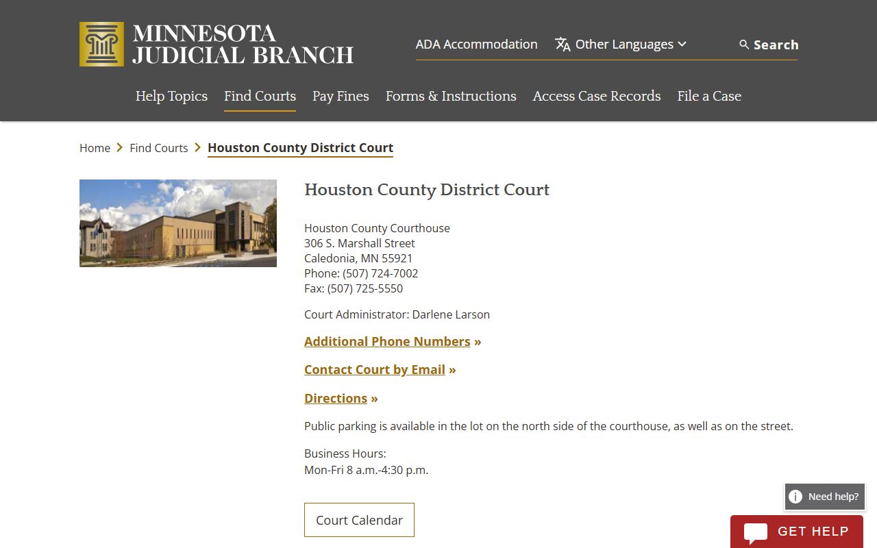 Houston County court docket records page on Minnesota Judicial Branch website