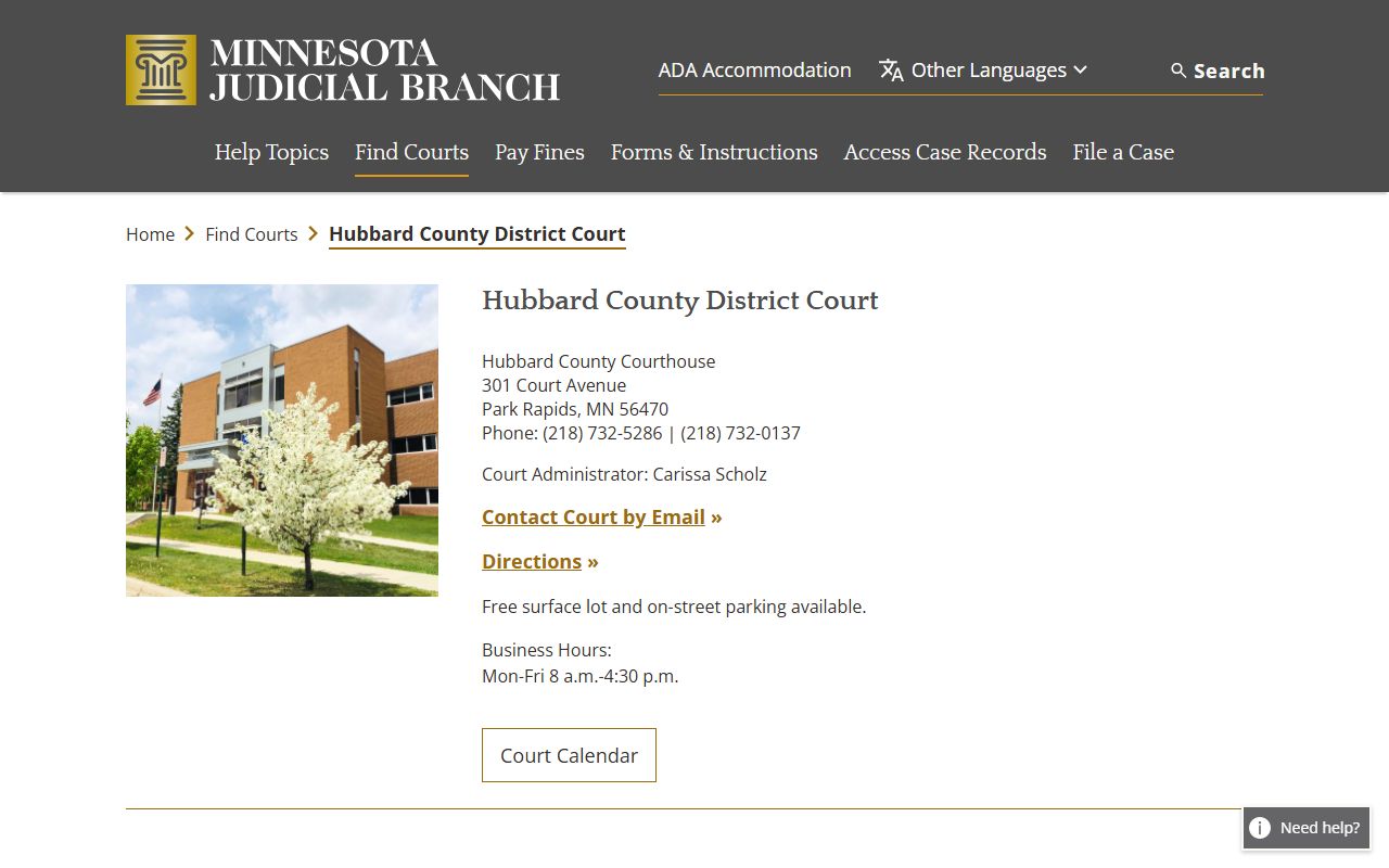 Hubbard County court docket records page on Minnesota Judicial Branch website