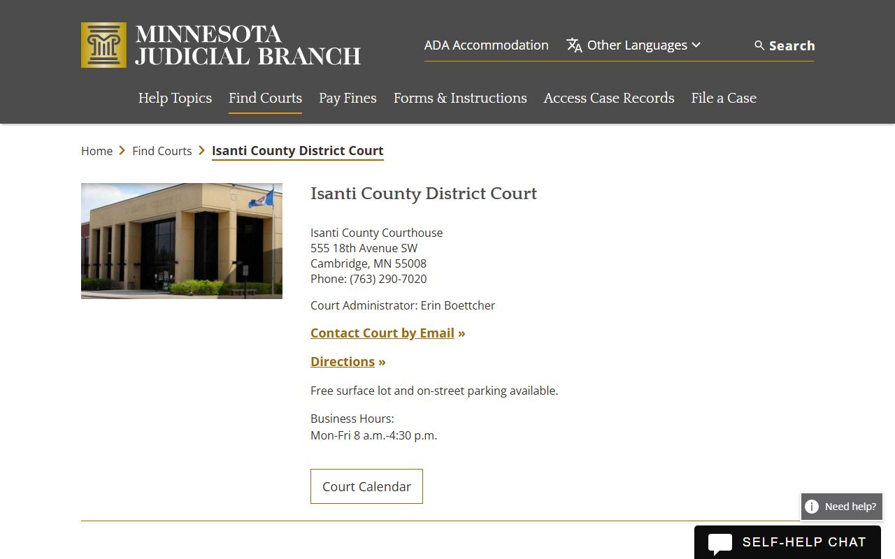 Isanti County court docket records page on Minnesota Judicial Branch website