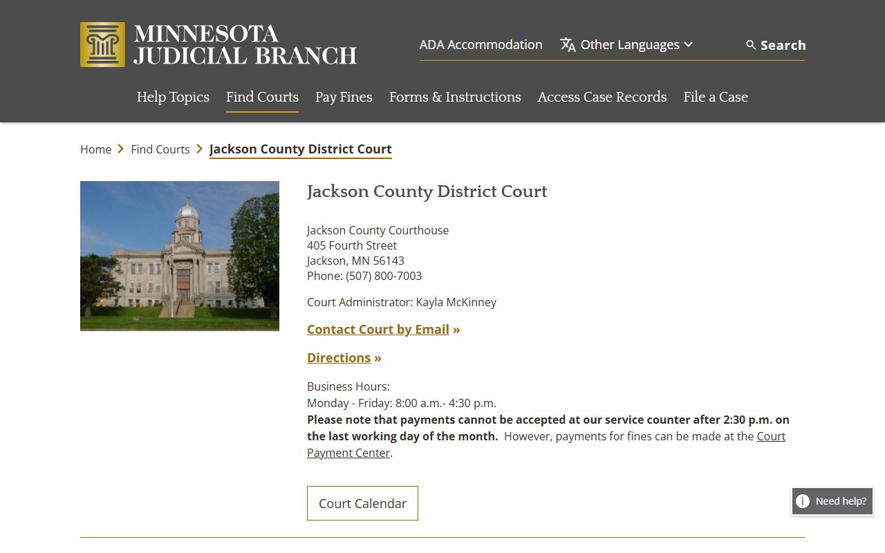 Jackson County court docket records page on Minnesota Judicial Branch website