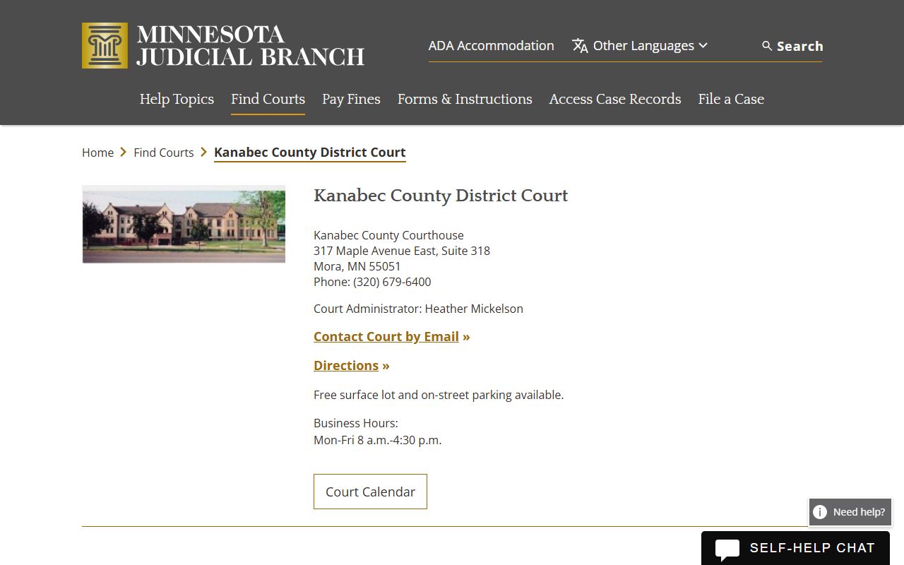 Kanabec County court docket records page on Minnesota Judicial Branch website