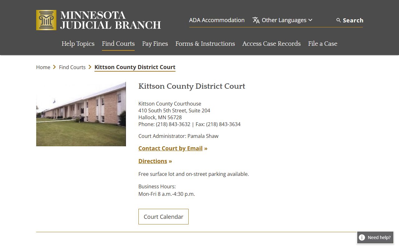 Kittson County court docket records page on Minnesota Judicial Branch website
