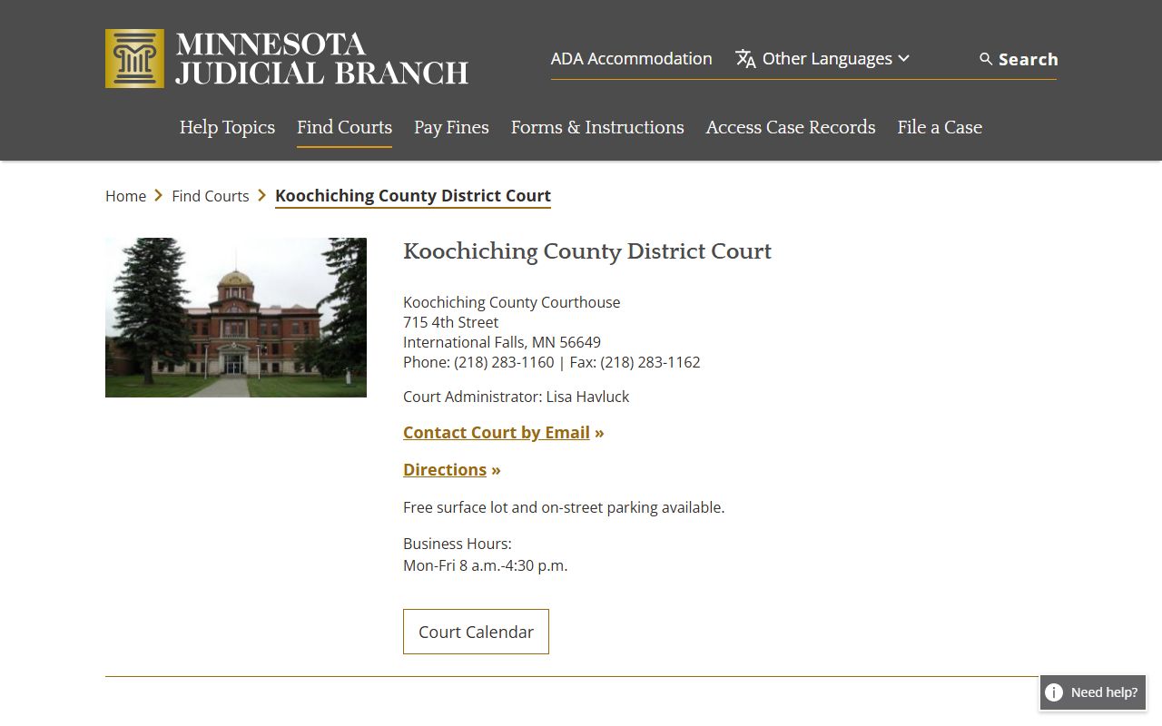 Koochiching County court docket records page on Minnesota Judicial Branch website