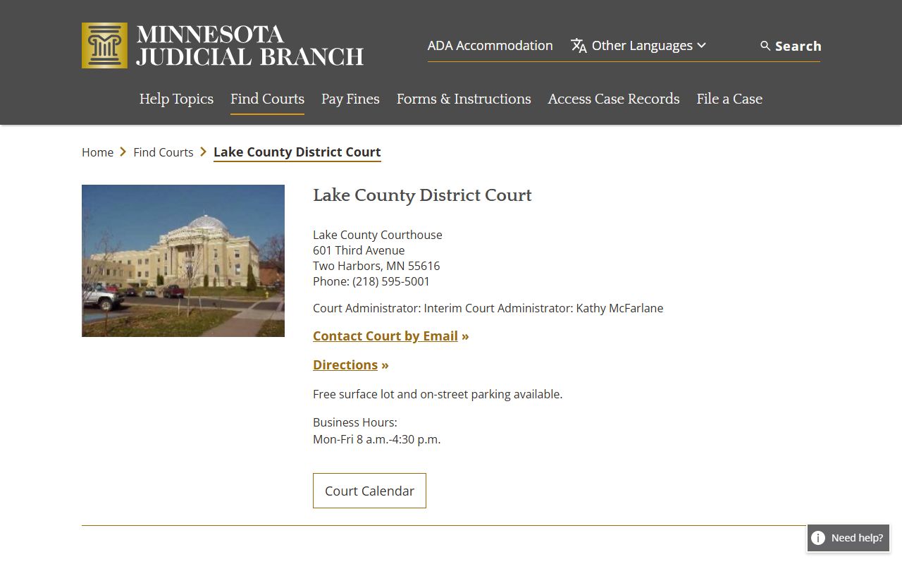 Lake County court docket records page on Minnesota Judicial Branch website