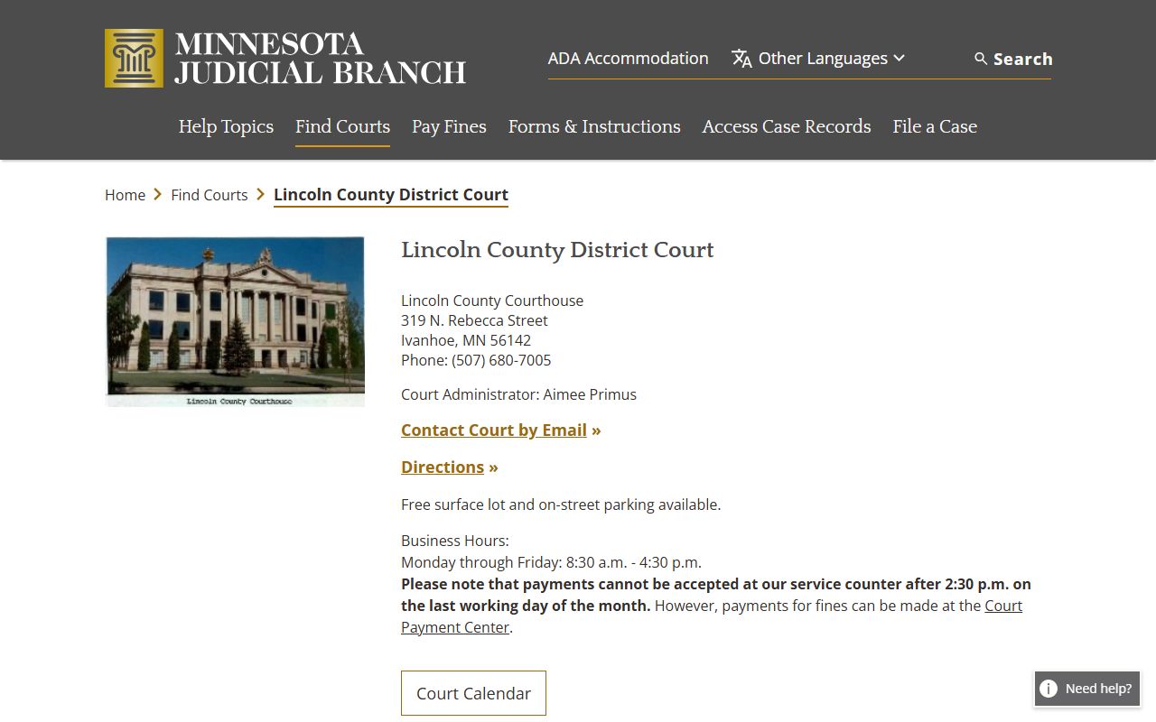 Lincoln County court docket records page on Minnesota Judicial Branch website