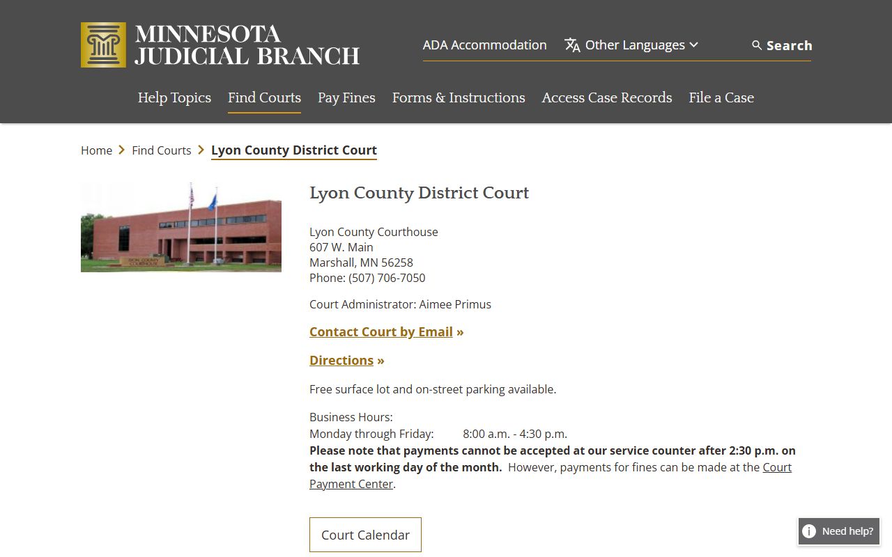 Lyon County court docket records page on Minnesota Judicial Branch website