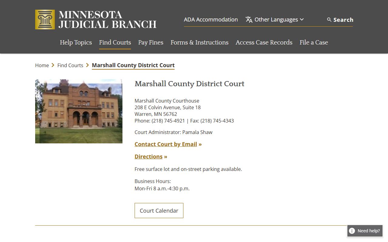 Marshall County court docket records - district court information page