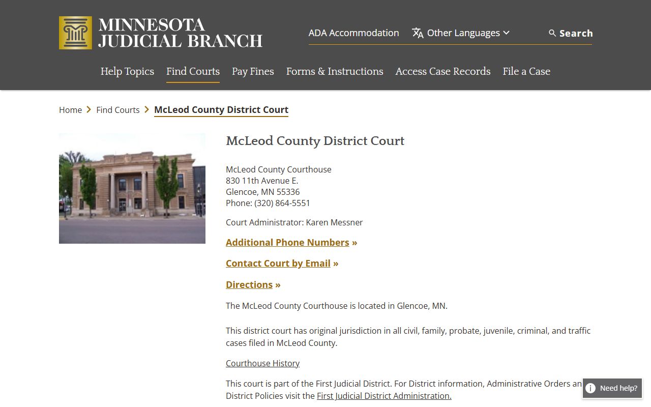 McLeod County court docket records page on Minnesota Judicial Branch website