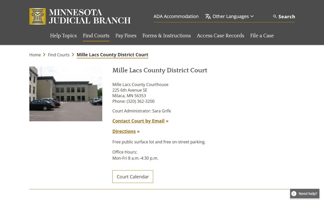 Mille Lacs County court docket records - district court information page