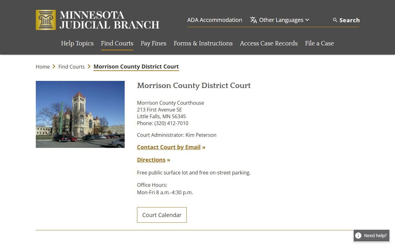 Morrison County court docket records - district court information page