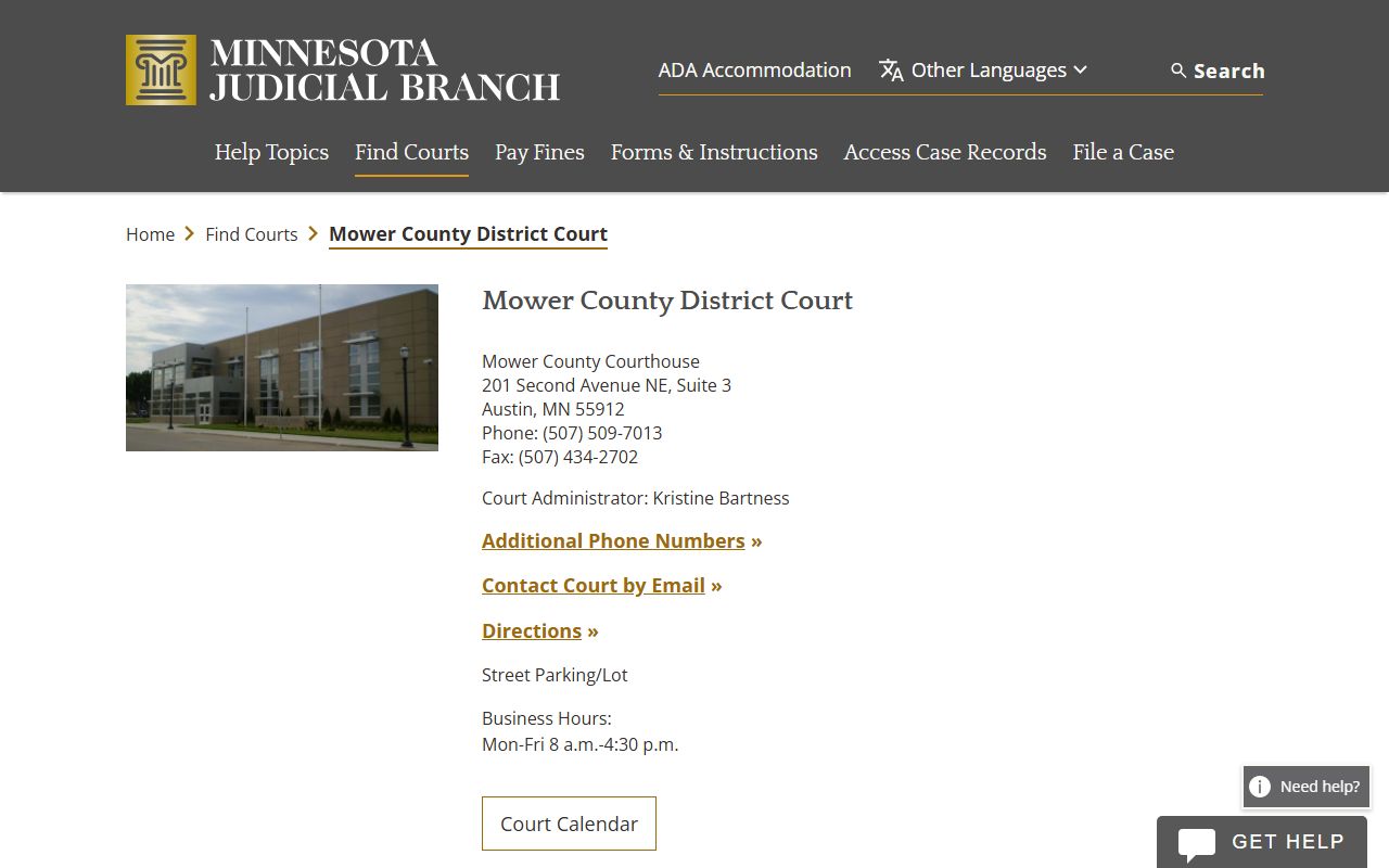 Mower County court docket records - district court information page