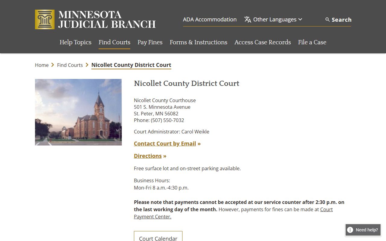 Nicollet County court docket records - district court information page