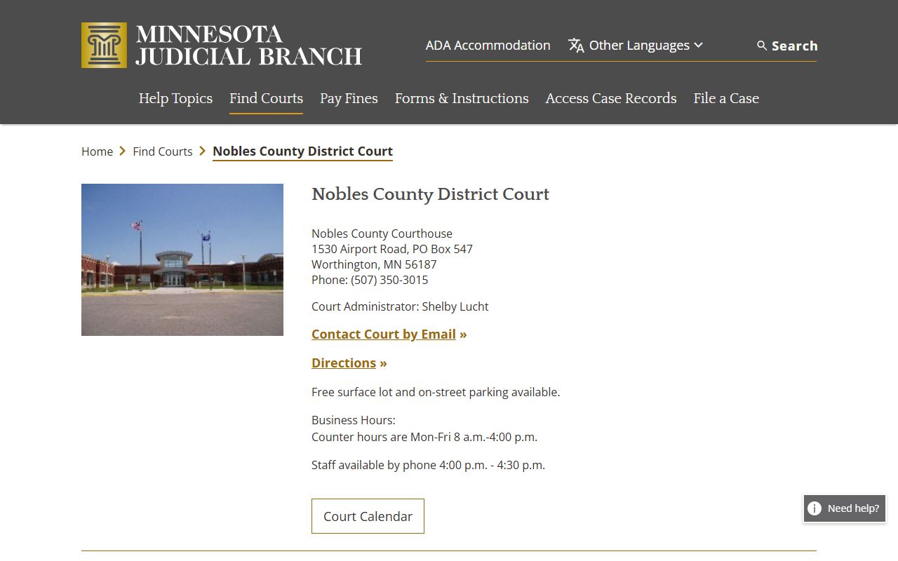 Nobles County court docket records - district court information page