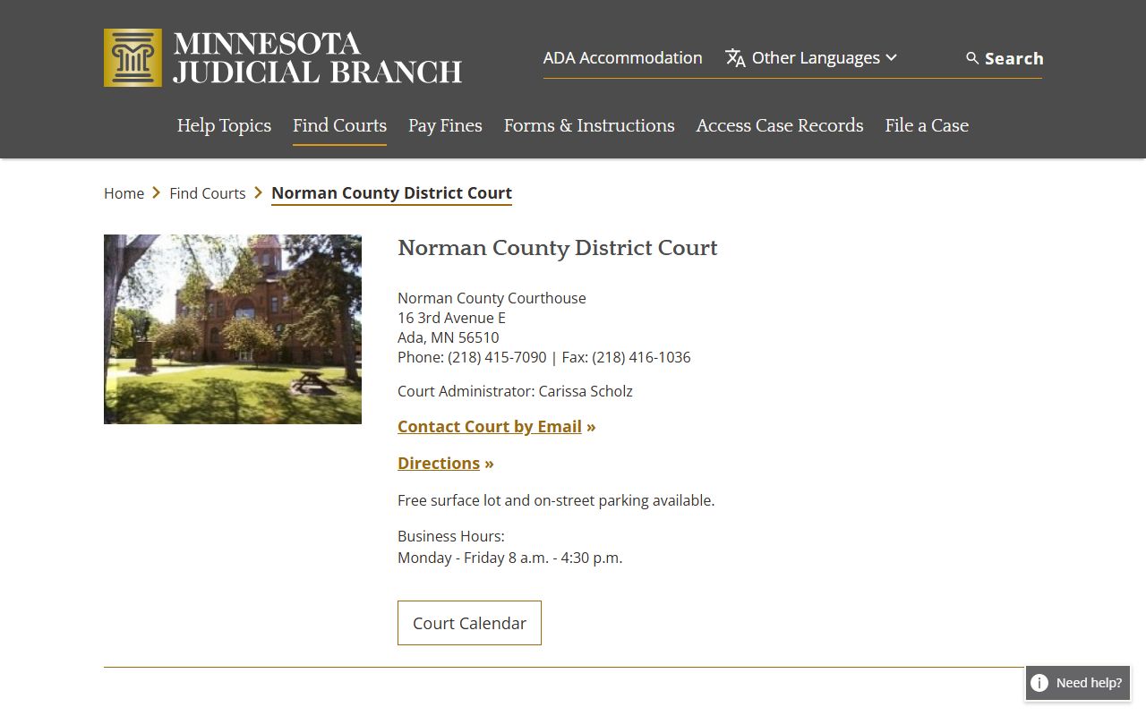 Norman County court docket records - district court information page