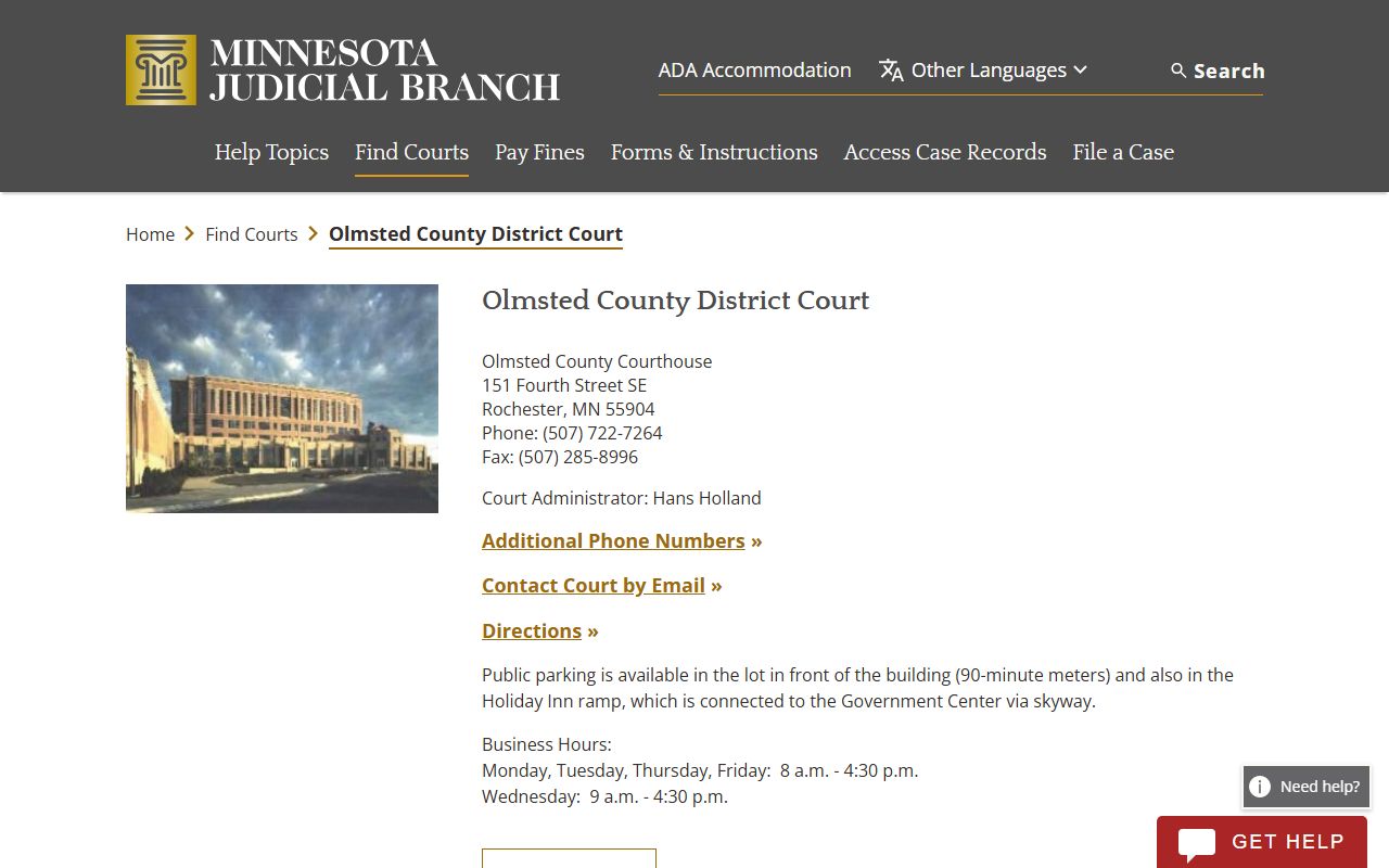 Olmsted County District Court page on Minnesota Judicial Branch website for Rochester court dockets