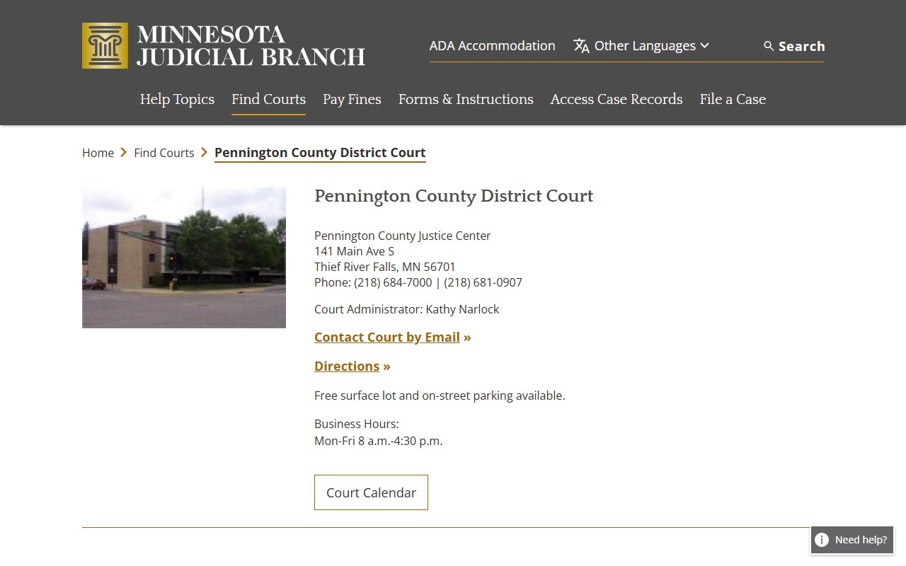Pennington County court docket records - district court information page