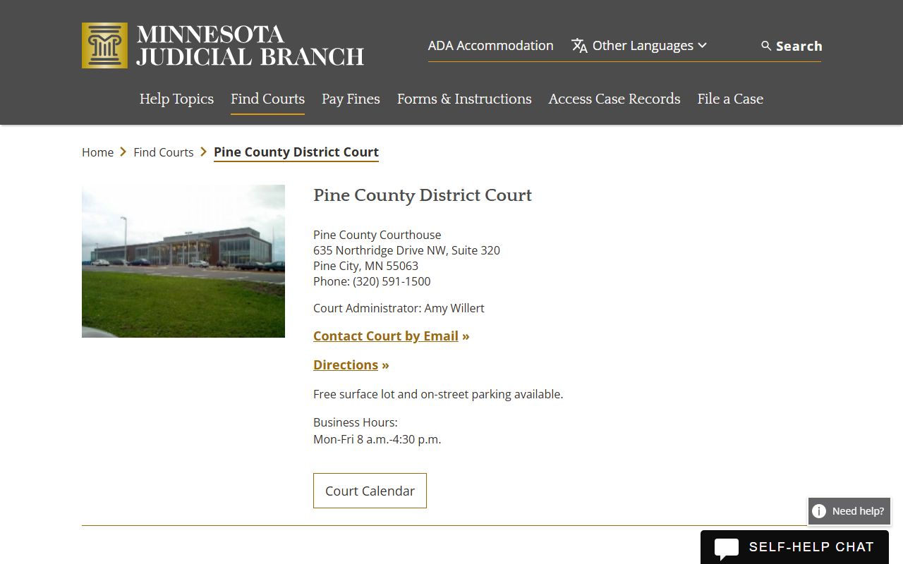 Pine County court docket records - district court information page