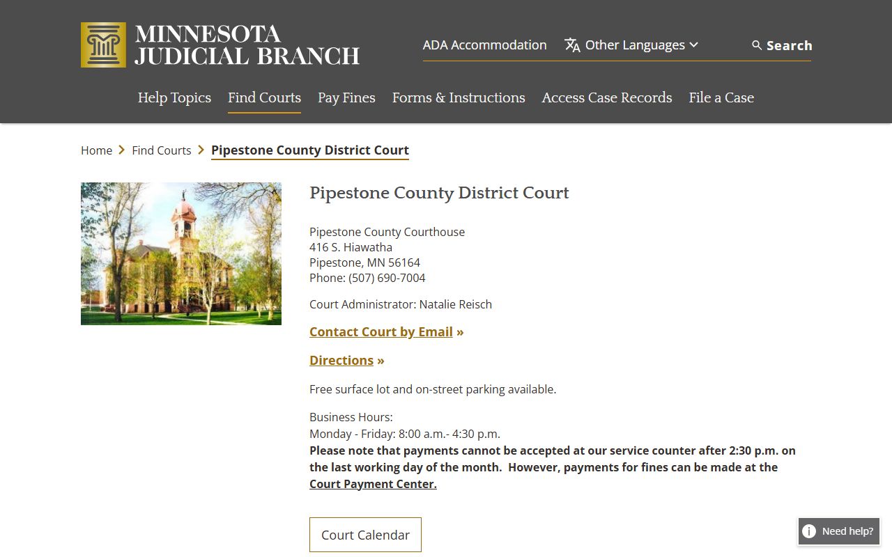 Pipestone County court docket records - district court information page