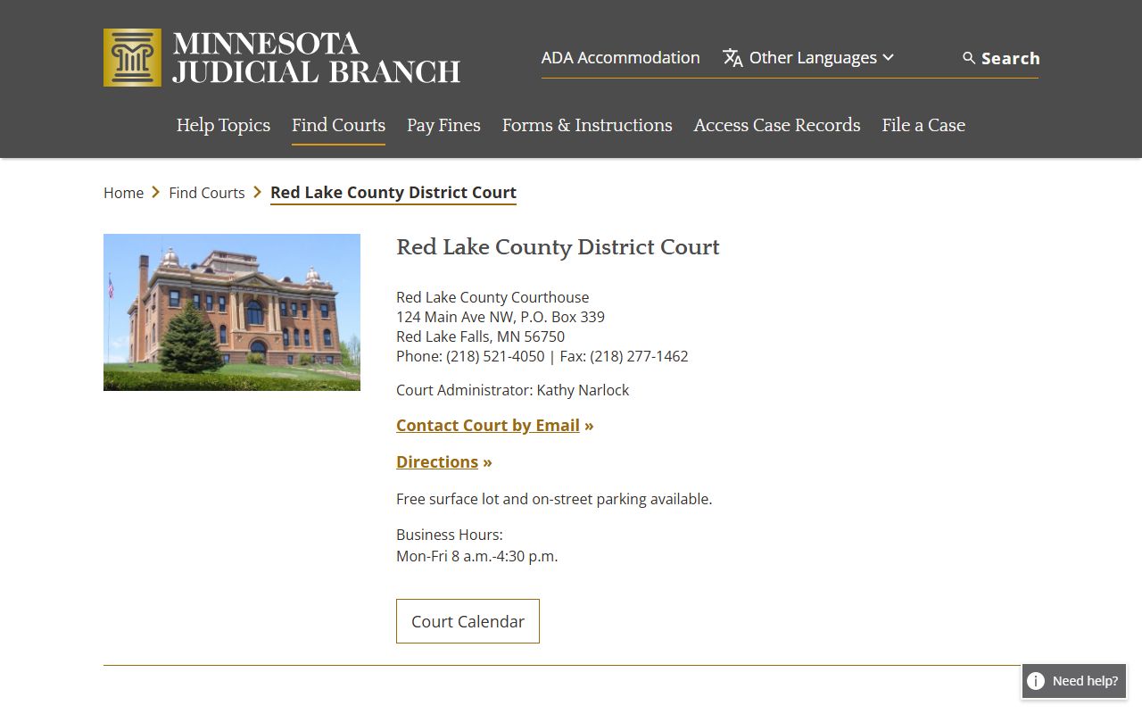 Red Lake County court docket records - district court directory page