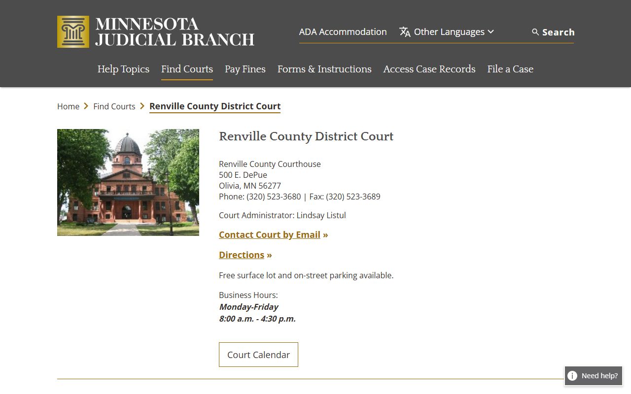 Renville County court docket records - district court directory page