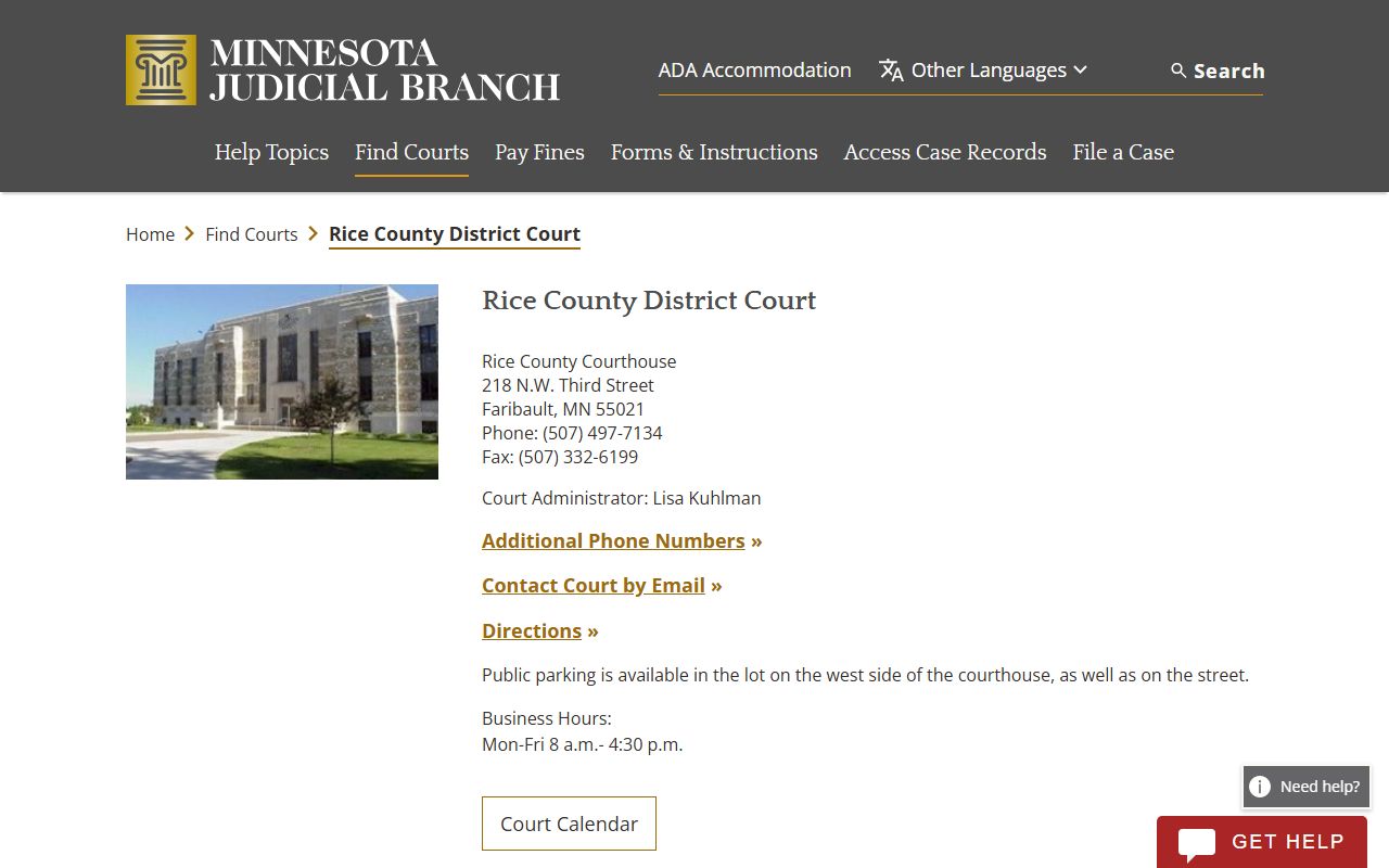 Rice County court docket records - district court directory page