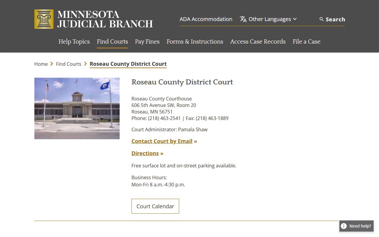 Roseau County court docket records - district court directory page