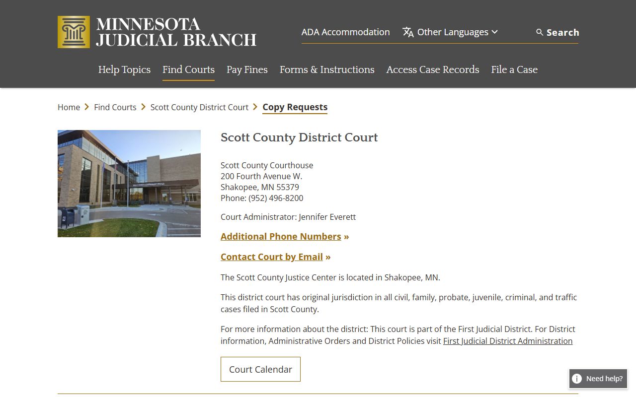Scott County court docket records - copy requests page