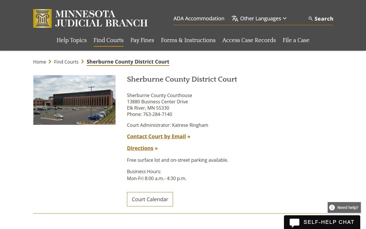Sherburne County court docket records - district court directory page