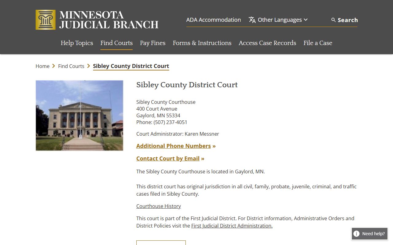 Sibley County court docket records - district court directory page