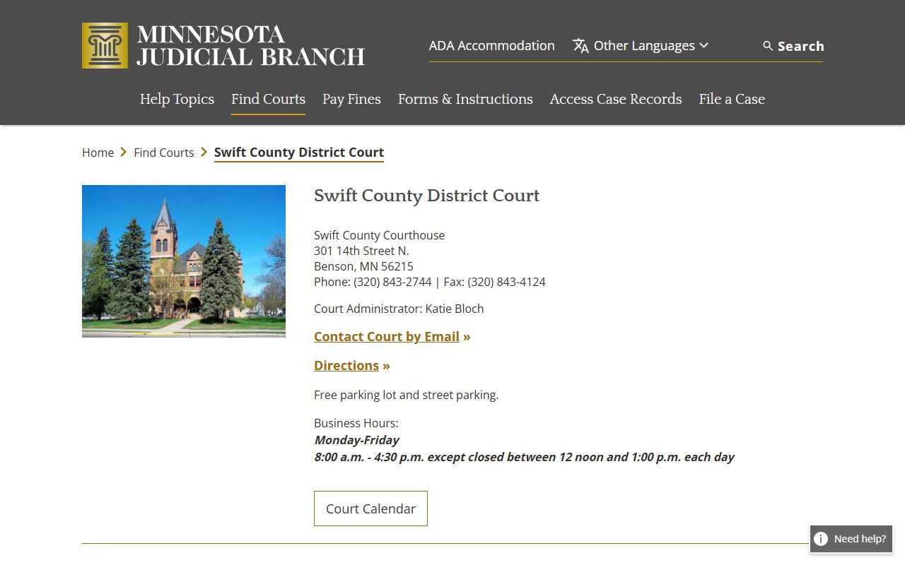 Swift County court docket records - district court directory page