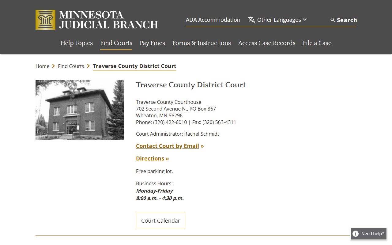 Traverse County court docket records - district court directory page