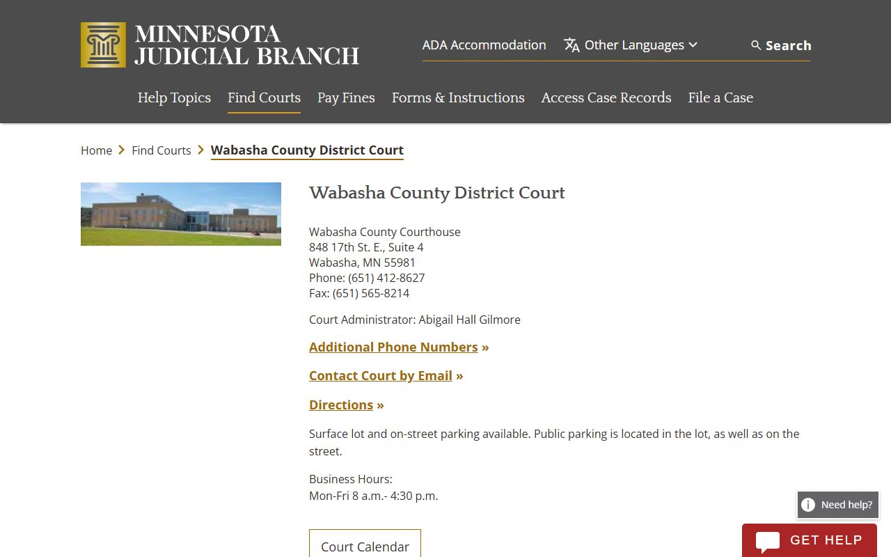 Wabasha County court docket records - district court directory page