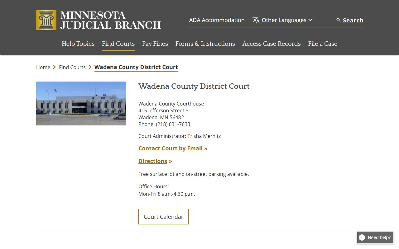 Wadena County court docket records - district court directory page