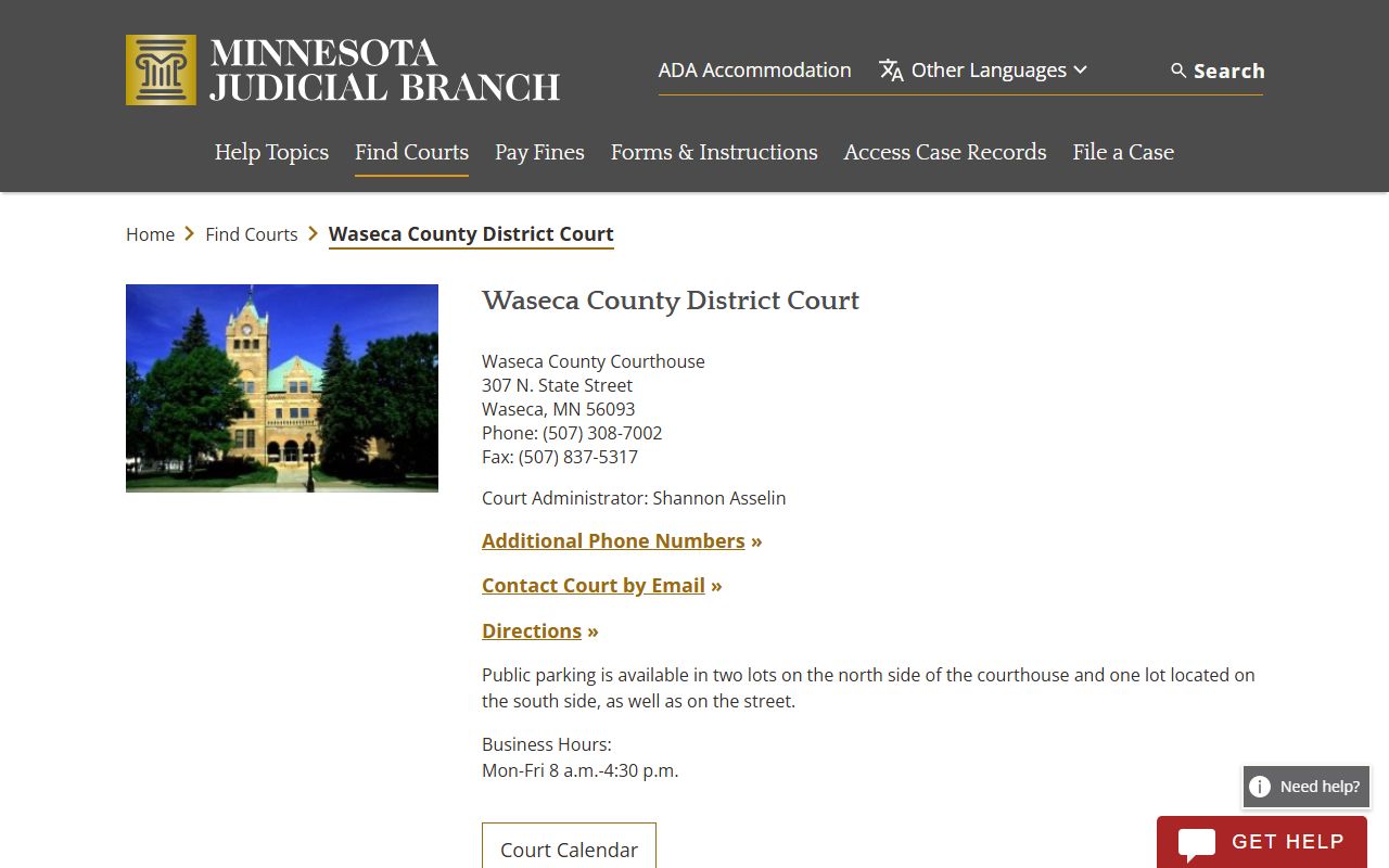 Waseca County court docket records - district court directory page